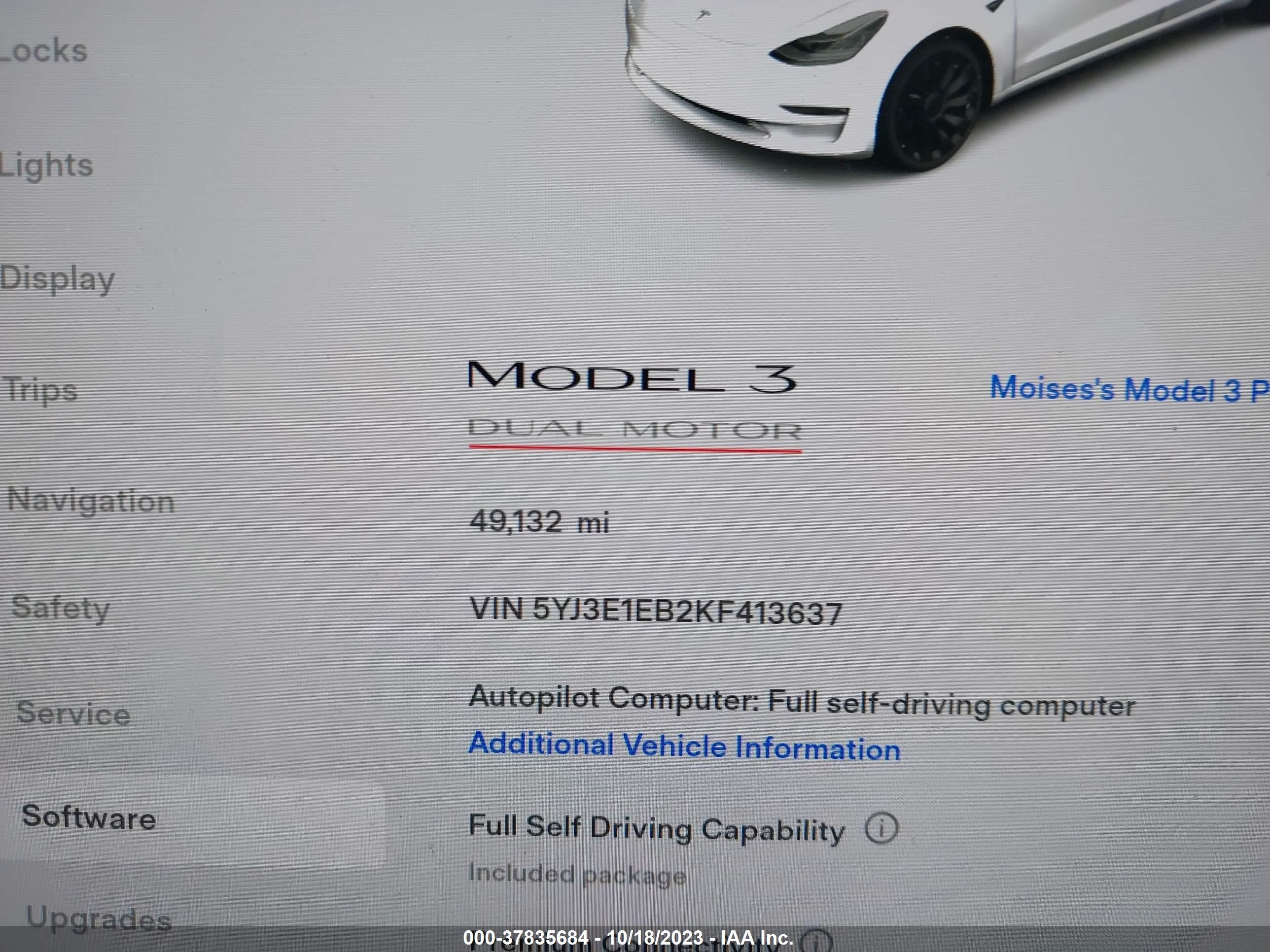 Photo 13 VIN: 5YJ3E1EB2KF413637 - TESLA MODEL 3 