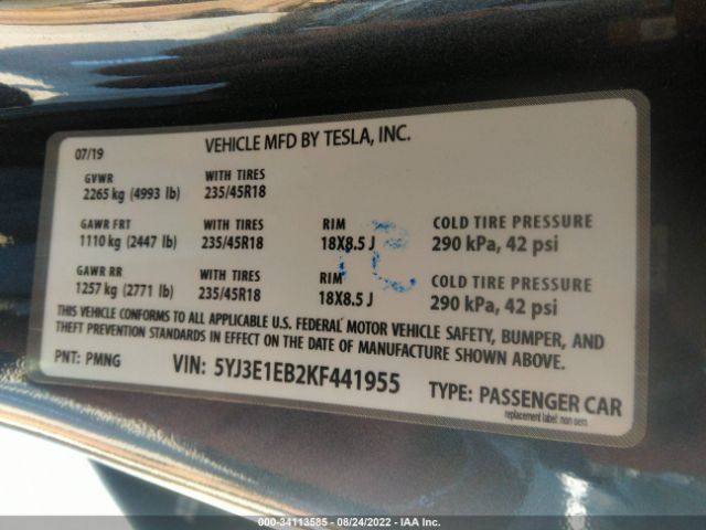 Photo 8 VIN: 5YJ3E1EB2KF441955 - TESLA MODEL 3 