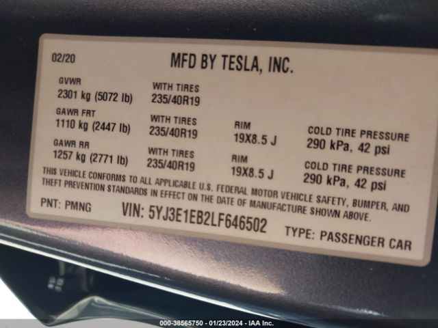 Photo 8 VIN: 5YJ3E1EB2LF646502 - TESLA MODEL 3 