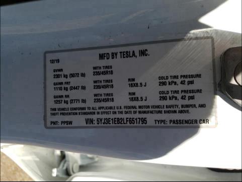 Photo 9 VIN: 5YJ3E1EB2LF651795 - TESLA MODEL 3 