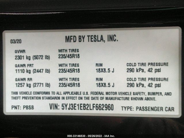 Photo 8 VIN: 5YJ3E1EB2LF662960 - TESLA MODEL 3 