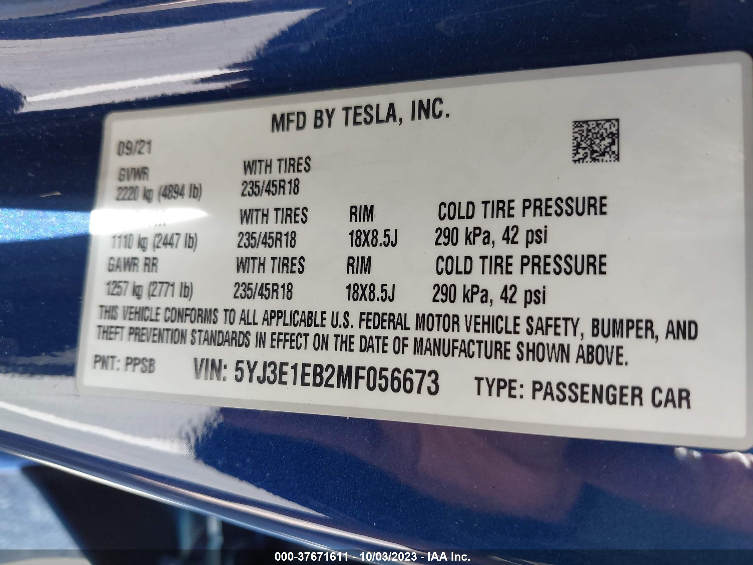 Photo 8 VIN: 5YJ3E1EB2MF056673 - TESLA MODEL 3 