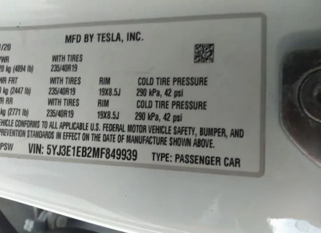 Photo 8 VIN: 5YJ3E1EB2MF849939 - TESLA MODEL 3 