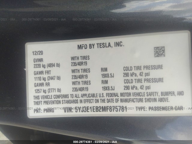 Photo 8 VIN: 5YJ3E1EB2MF875781 - TESLA MODEL 3 