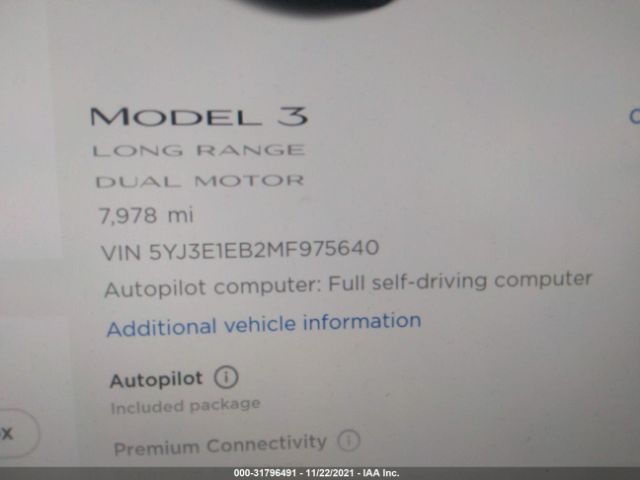 Photo 6 VIN: 5YJ3E1EB2MF975640 - TESLA MODEL 3 