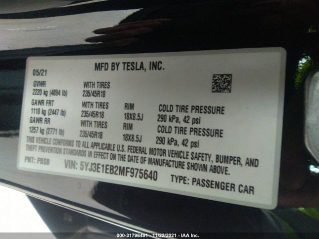 Photo 8 VIN: 5YJ3E1EB2MF975640 - TESLA MODEL 3 