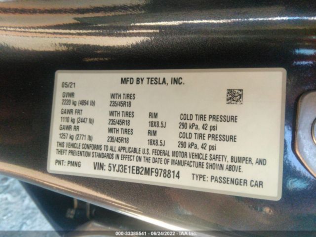 Photo 8 VIN: 5YJ3E1EB2MF978814 - TESLA MODEL 3 