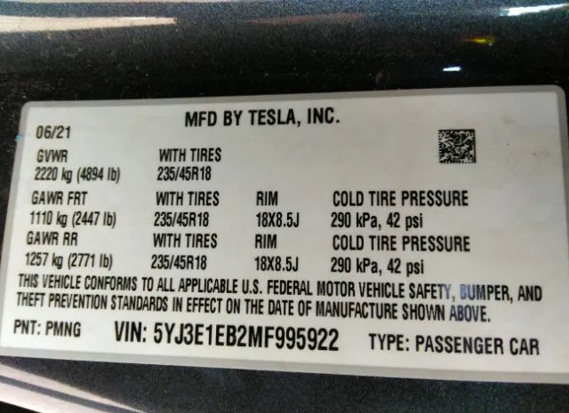 Photo 8 VIN: 5YJ3E1EB2MF995922 - TESLA MODEL 3 