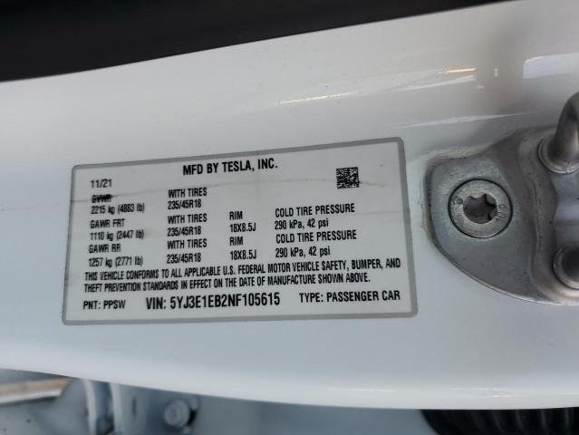 Photo 12 VIN: 5YJ3E1EB2NF105615 - TESLA MODEL 3 