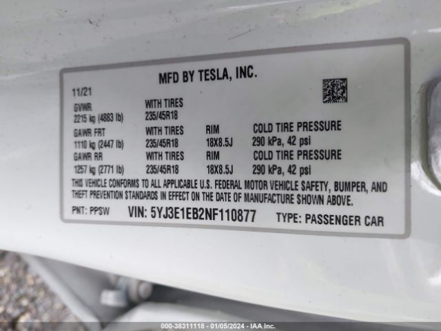 Photo 8 VIN: 5YJ3E1EB2NF110877 - TESLA MODEL 3 