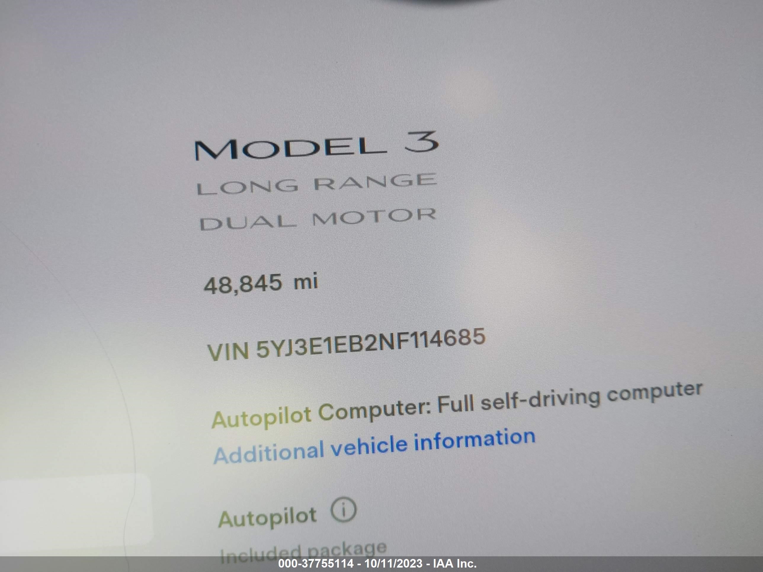 Photo 13 VIN: 5YJ3E1EB2NF114685 - TESLA MODEL 3 