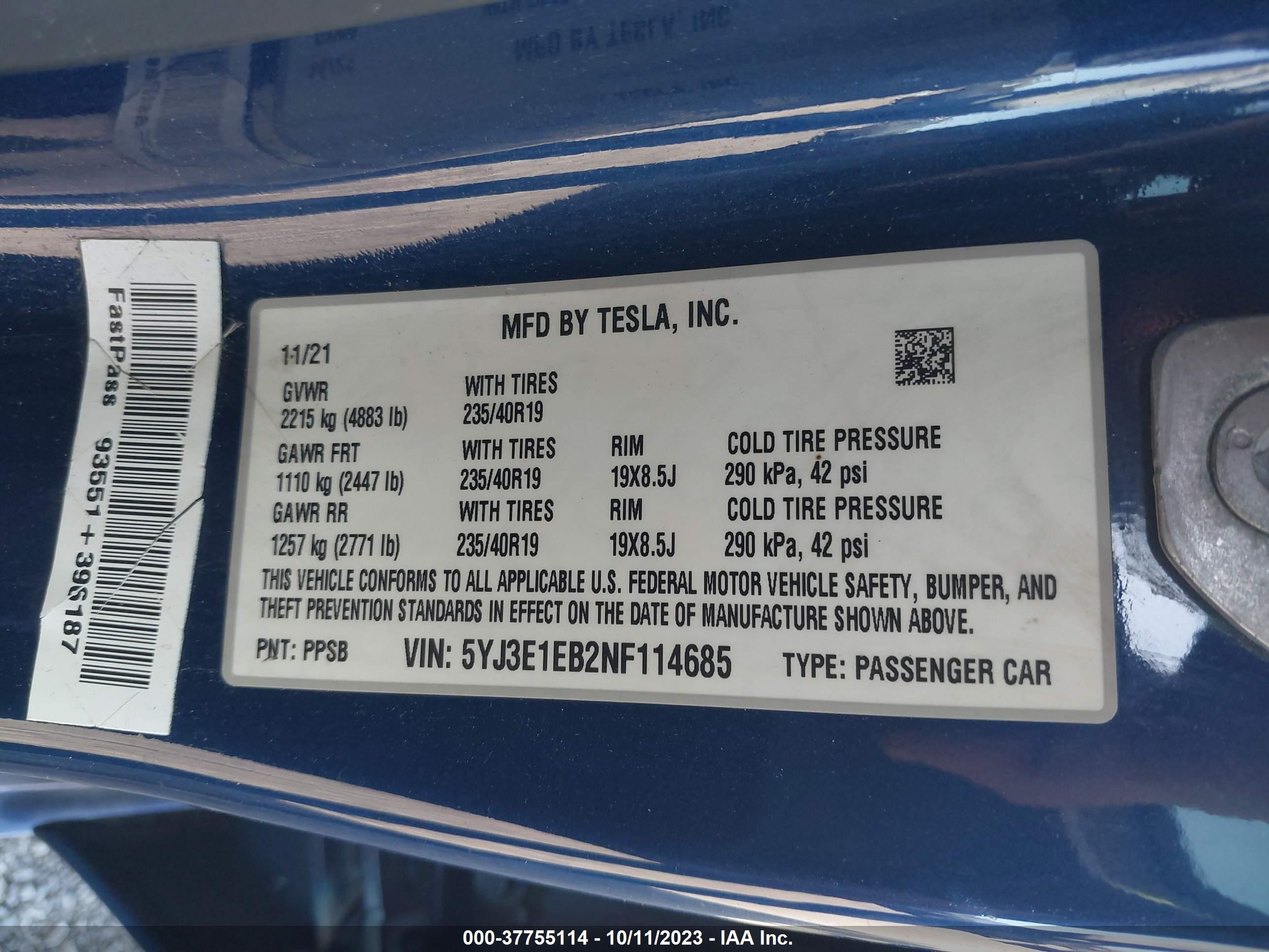 Photo 8 VIN: 5YJ3E1EB2NF114685 - TESLA MODEL 3 