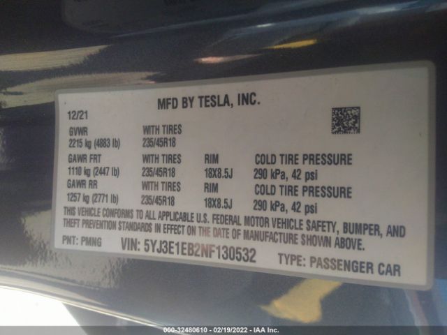 Photo 8 VIN: 5YJ3E1EB2NF130532 - TESLA MODEL 3 