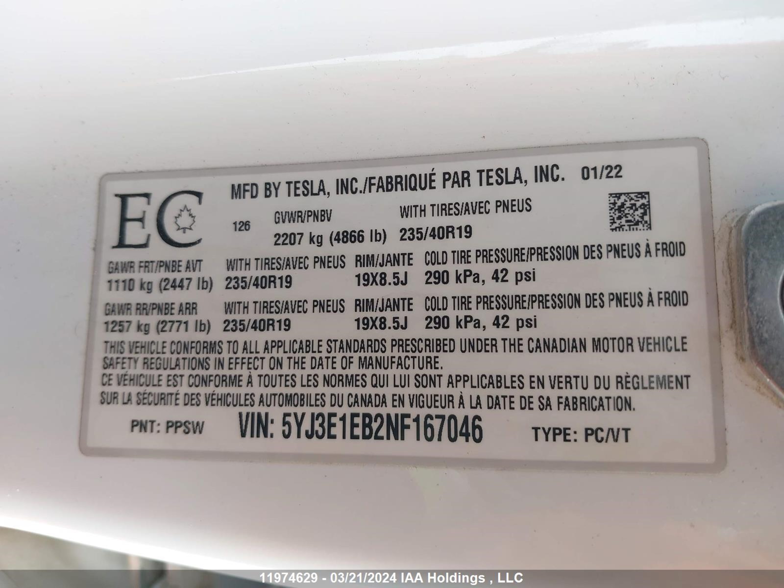 Photo 8 VIN: 5YJ3E1EB2NF167046 - TESLA MODEL 3 