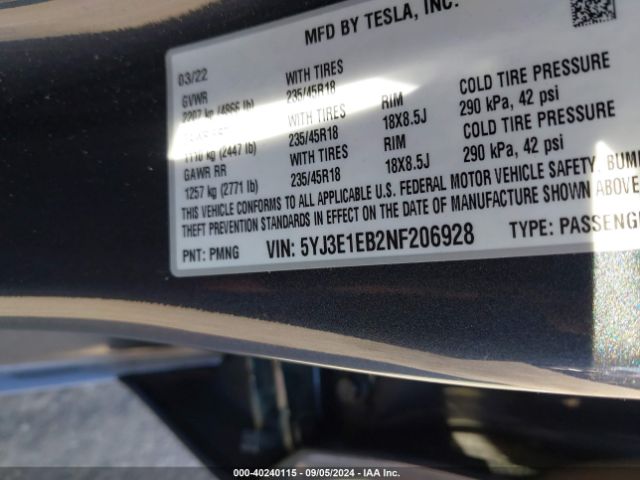 Photo 8 VIN: 5YJ3E1EB2NF206928 - TESLA MODEL 3 