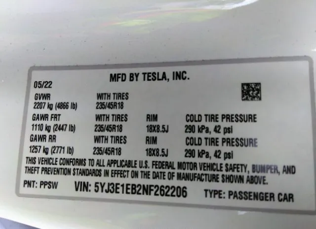 Photo 8 VIN: 5YJ3E1EB2NF262206 - TESLA MODEL 3 