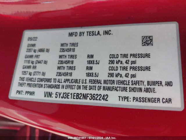 Photo 8 VIN: 5YJ3E1EB2NF362242 - TESLA MODEL 3 