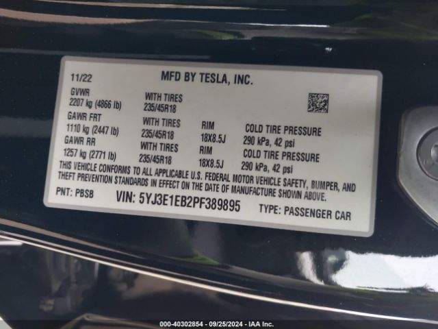 Photo 8 VIN: 5YJ3E1EB2PF389895 - TESLA MODEL 3 