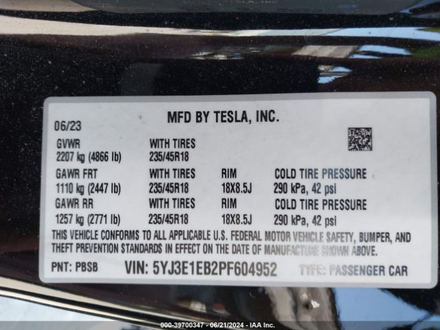 Photo 8 VIN: 5YJ3E1EB2PF604952 - TESLA MODEL 3 