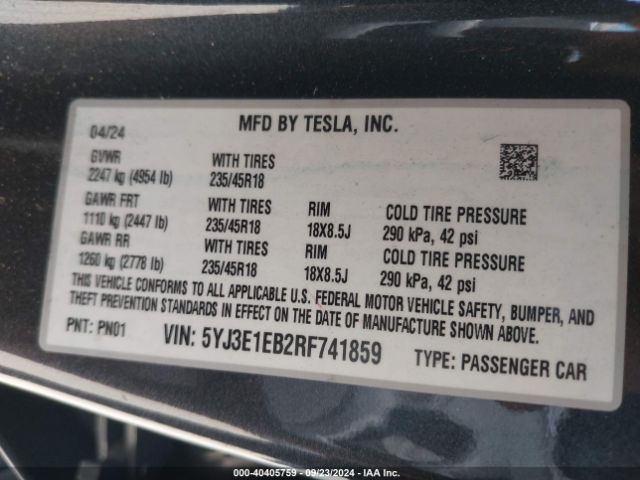 Photo 8 VIN: 5YJ3E1EB2RF741859 - TESLA MODEL 3 