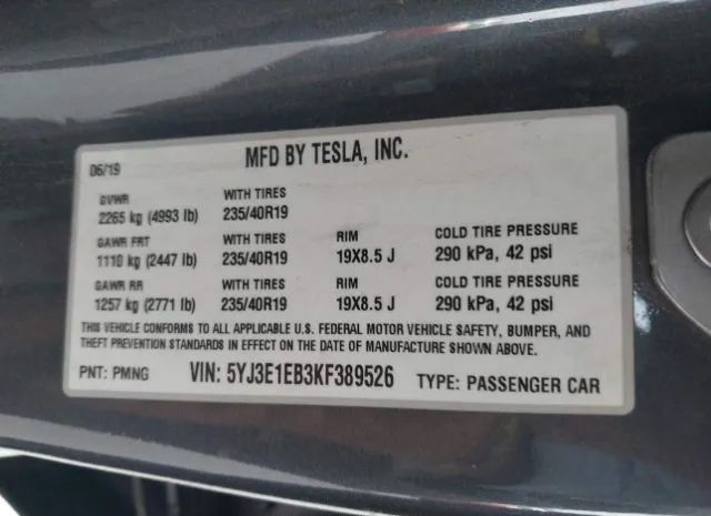 Photo 8 VIN: 5YJ3E1EB3KF389526 - TESLA MODEL 3 