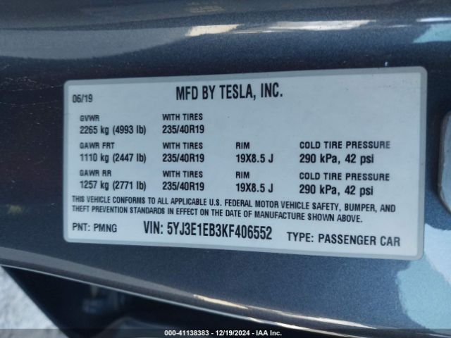 Photo 8 VIN: 5YJ3E1EB3KF406552 - TESLA MODEL 3 