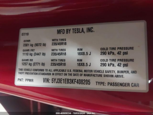 Photo 8 VIN: 5YJ3E1EB3KF408205 - TESLA MODEL 3 