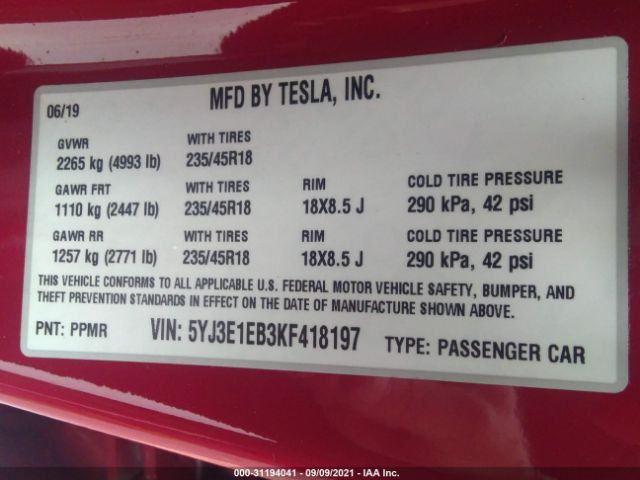 Photo 8 VIN: 5YJ3E1EB3KF418197 - TESLA MODEL 3 