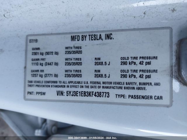 Photo 8 VIN: 5YJ3E1EB3KF438773 - TESLA MODEL 3 