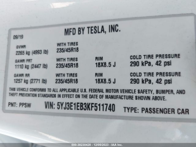 Photo 8 VIN: 5YJ3E1EB3KF511740 - TESLA MODEL 3 