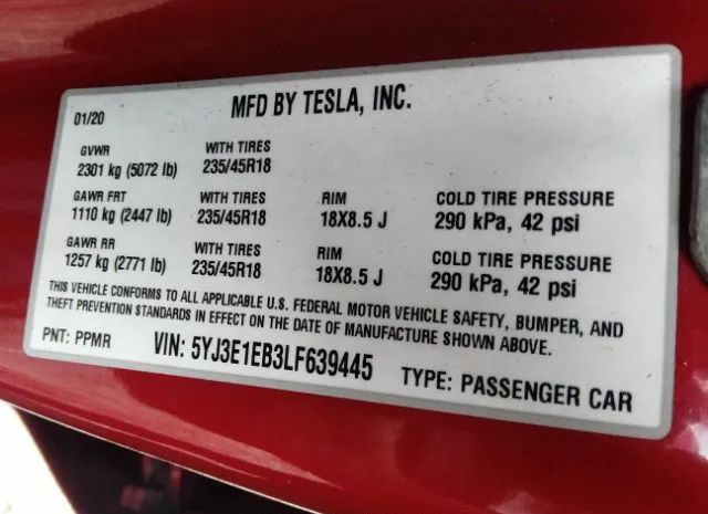 Photo 8 VIN: 5YJ3E1EB3LF639445 - TESLA MODEL 3 