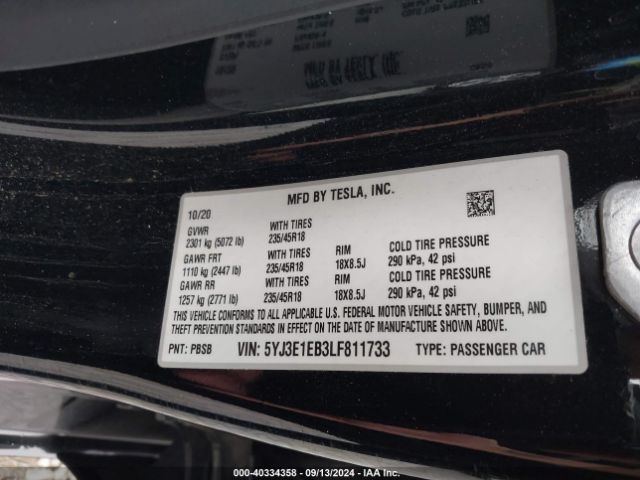 Photo 8 VIN: 5YJ3E1EB3LF811733 - TESLA MODEL 3 