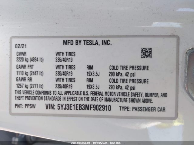 Photo 8 VIN: 5YJ3E1EB3MF902910 - TESLA MODEL 3 