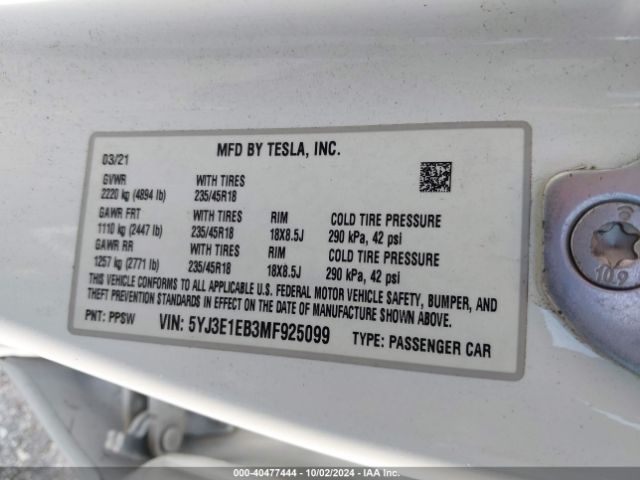 Photo 8 VIN: 5YJ3E1EB3MF925099 - TESLA MODEL 3 