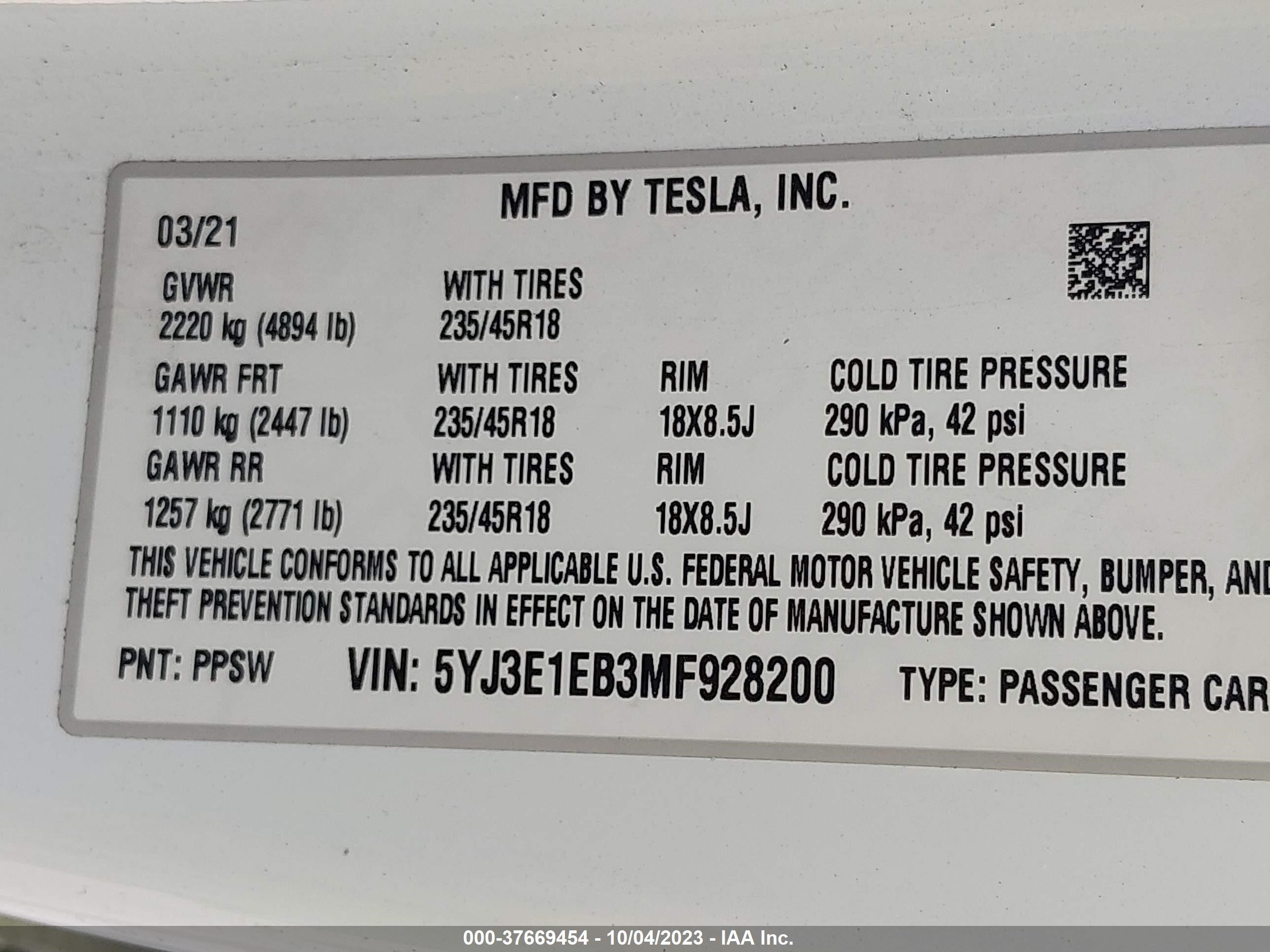 Photo 8 VIN: 5YJ3E1EB3MF928200 - TESLA MODEL 3 