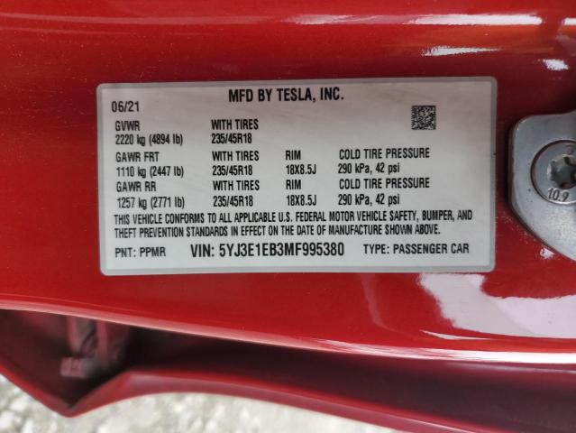 Photo 11 VIN: 5YJ3E1EB3MF995380 - TESLA MODEL 3 