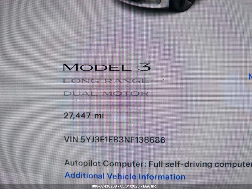 Photo 13 VIN: 5YJ3E1EB3NF138686 - TESLA MODEL 3 