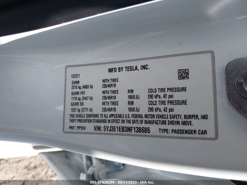 Photo 8 VIN: 5YJ3E1EB3NF138686 - TESLA MODEL 3 