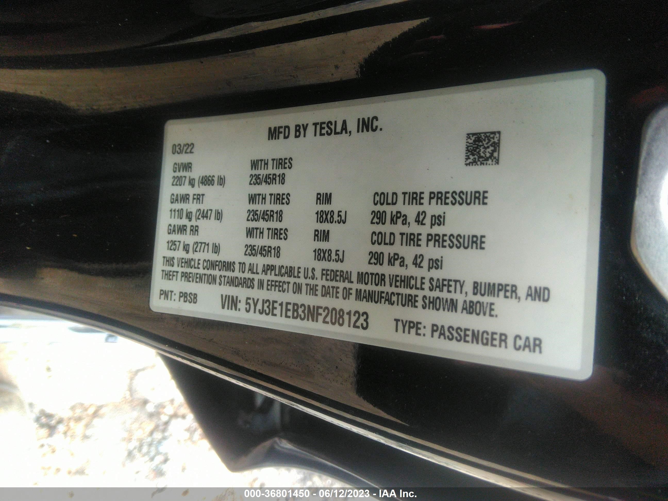 Photo 8 VIN: 5YJ3E1EB3NF208123 - TESLA MODEL 3 