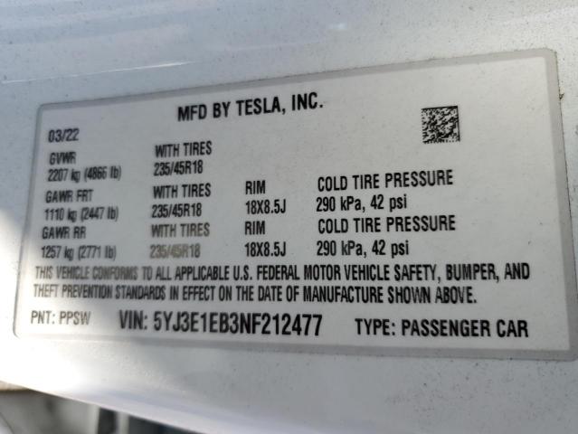 Photo 11 VIN: 5YJ3E1EB3NF212477 - TESLA MODEL 3 