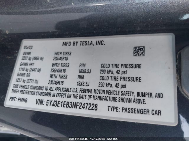 Photo 8 VIN: 5YJ3E1EB3NF247228 - TESLA MODEL 3 