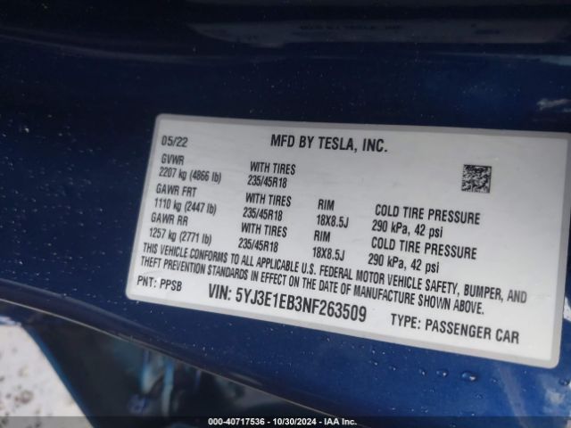 Photo 8 VIN: 5YJ3E1EB3NF263509 - TESLA MODEL 3 