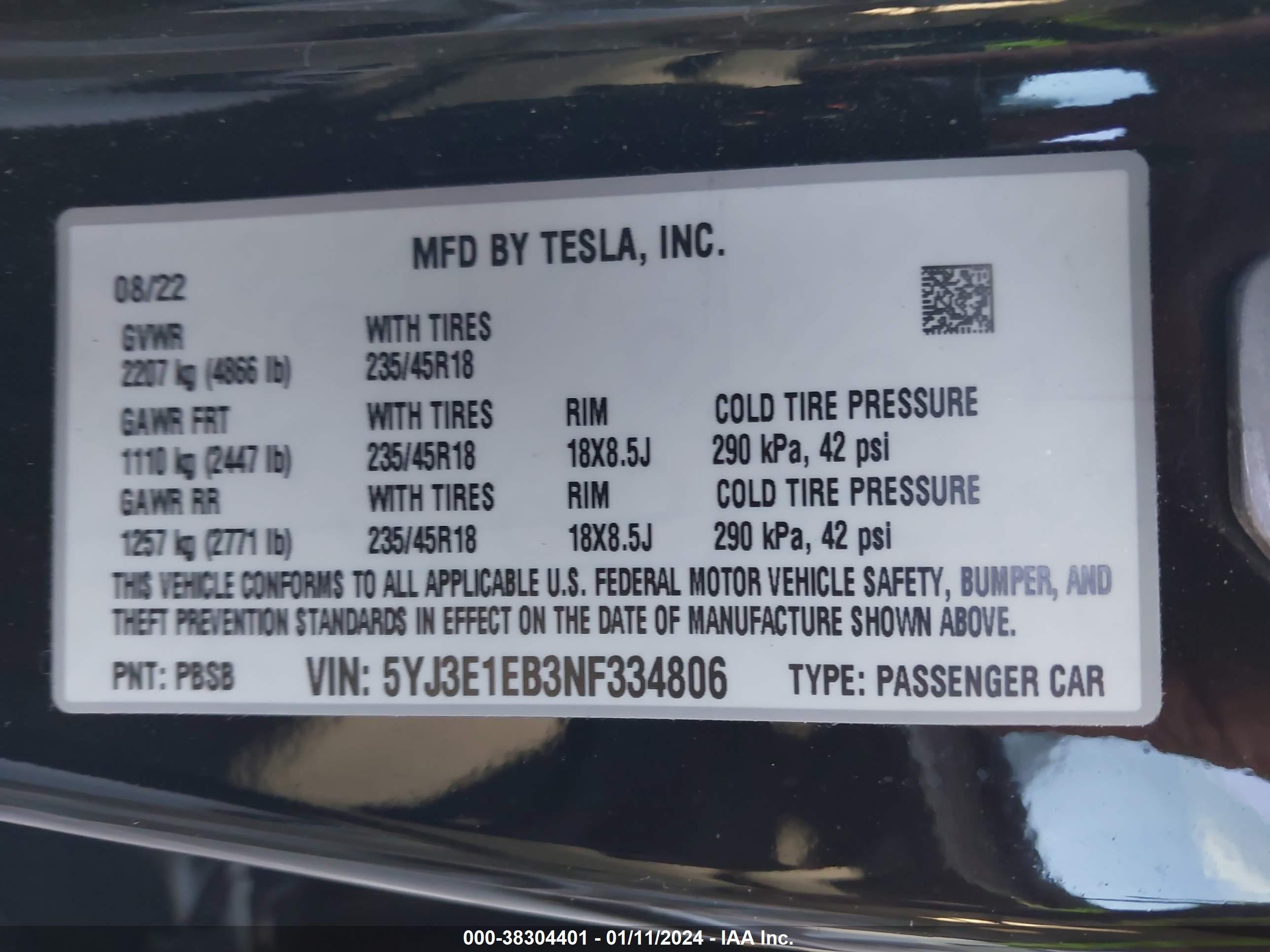 Photo 7 VIN: 5YJ3E1EB3NF334806 - TESLA MODEL 3 