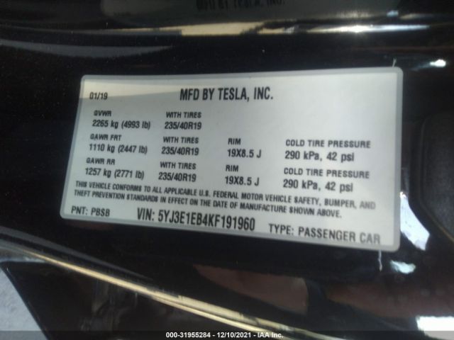 Photo 8 VIN: 5YJ3E1EB4KF191960 - TESLA MODEL 3 