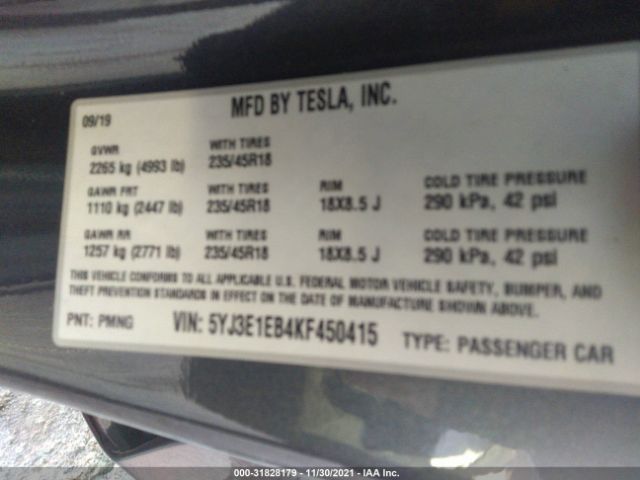 Photo 8 VIN: 5YJ3E1EB4KF450415 - TESLA MODEL 3 