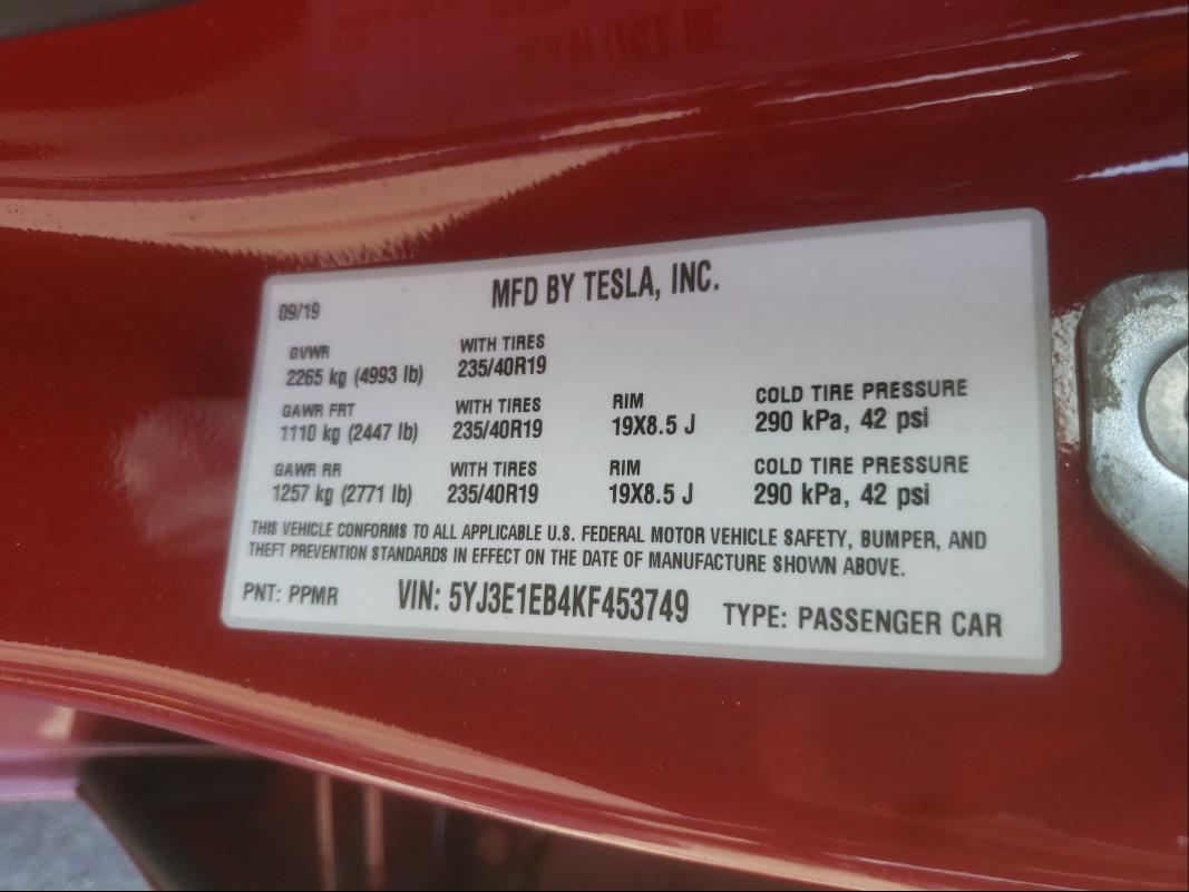 Photo 9 VIN: 5YJ3E1EB4KF453749 - TESLA MODEL 3 