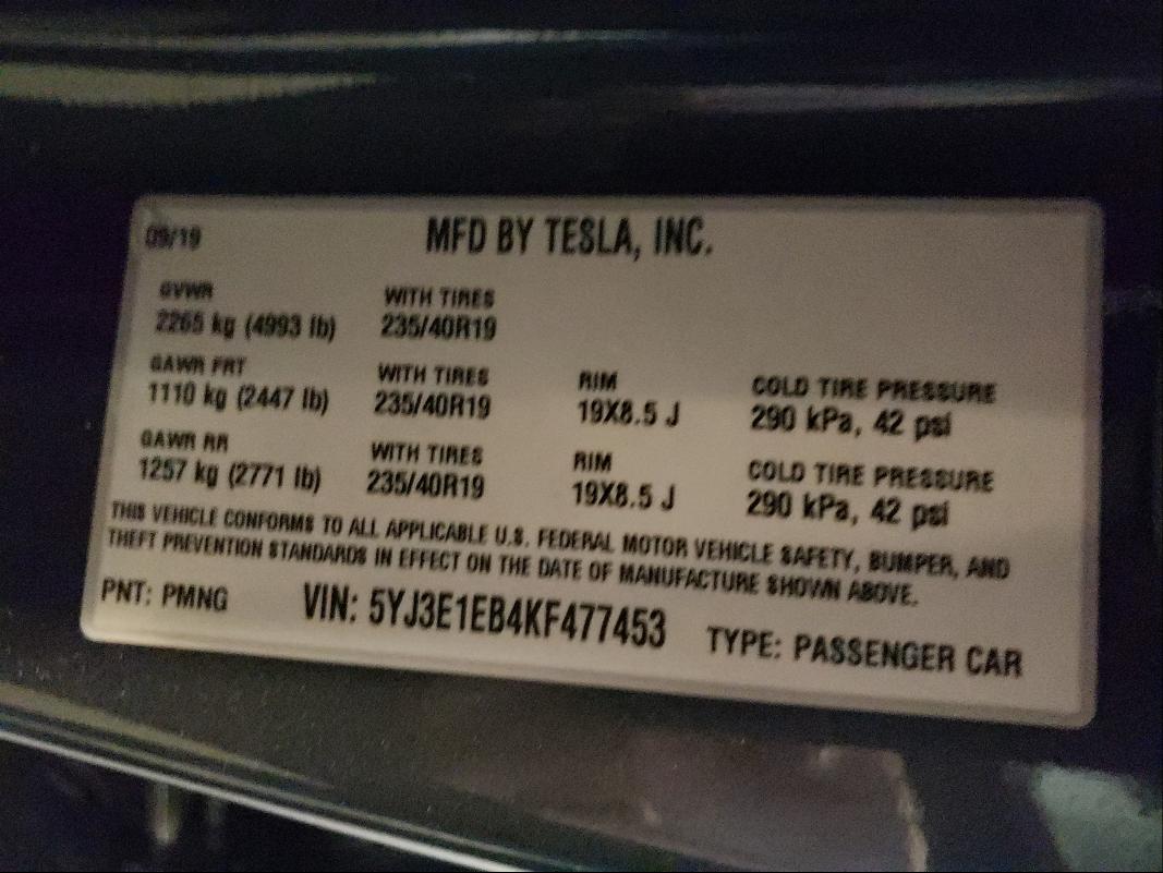 Photo 9 VIN: 5YJ3E1EB4KF477453 - TESLA MODEL 3 