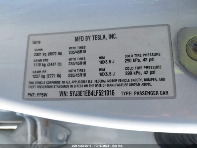 Photo 8 VIN: 5YJ3E1EB4LF521016 - TESLA MODEL 3 