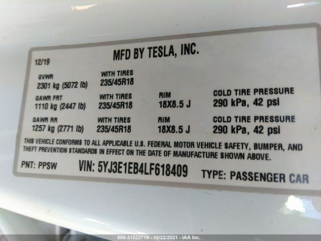 Photo 8 VIN: 5YJ3E1EB4LF618409 - TESLA MODEL 3 