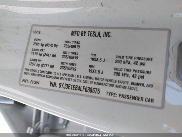 Photo 8 VIN: 5YJ3E1EB4LF638675 - TESLA MODEL 3 